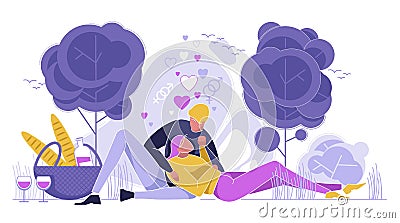 Happy Man and Woman in Love on Picnic, Dating Stock Photo