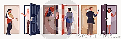 Happy man and woman opening door to welcome, young male and female characters hold doorknob to go inside, ring doorbell Vector Illustration