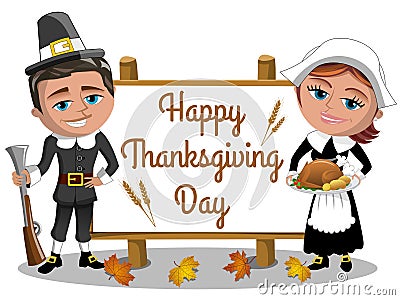Happy Man Woman Pilgrims rifle roast turkey greeting card isolated Vector Illustration