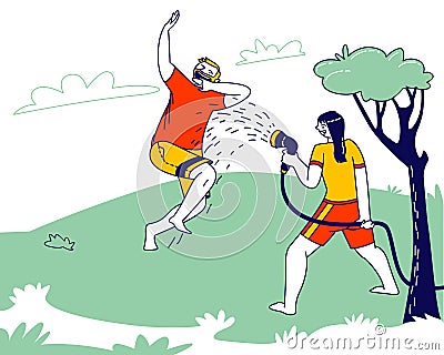 Happy Man and Woman Playing, Mischief and Spraying from Water Hose in Hot Summer Time Season Weather Vector Illustration