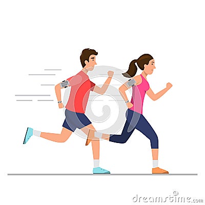 Happy man and woman running on the way Cartoon Illustration