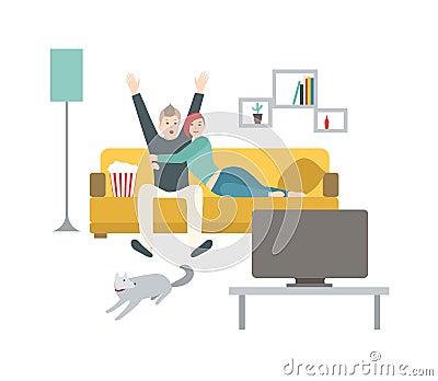 Happy man and woman sitting on comfortable couch, eating popcorn and watching sport game on TV. Cute young married Vector Illustration