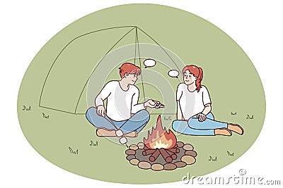 Man and woman relaxing near campfire Vector Illustration