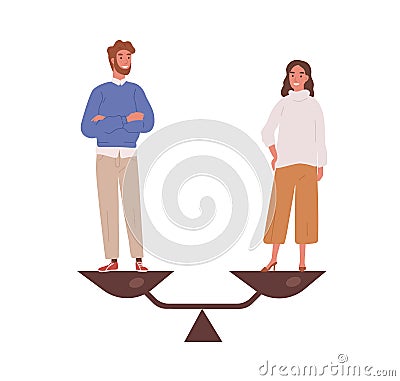 Happy man and woman stand on weighing dishes of balance scale vector flat illustration. Couple demonstrate gender Vector Illustration