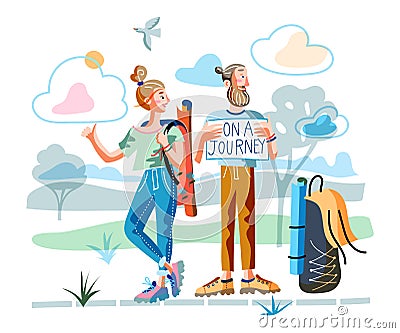Happy man and woman traveler hitchhiking catch car Vector Illustration