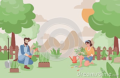 Happy man and woman working in the garden in summer vector flat illustration. Farmers or gardeners planting trees. Vector Illustration
