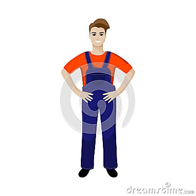 Happy man in work dungarees standing on white background. Ð¡artoon style Cartoon Illustration