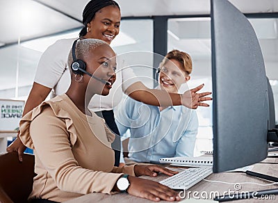 Happy manager help call center agent on computer while talking, discussing or negotiating deals, sales or promotions for Stock Photo