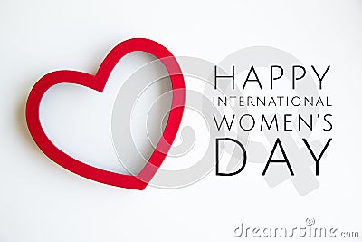 Happy 8 March International Women`s Day lettering with red heart and female icon on white background Stock Photo