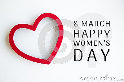 Happy 8 March International Women`s Day lettering with red heart and girl power female icon on white background Stock Photo