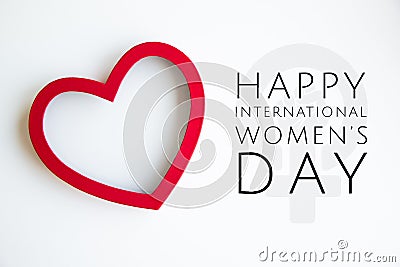 Happy 8 March International Women`s Day lettering with red heart and girl power female icon on white background Stock Photo