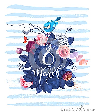 Happy 8 March. Women`s day greeting card. Beautiful hand lettering with bunch of spring flowers, leaves and blue bird Vector Illustration