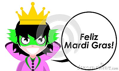 Happy Mardi Gras, girl, greetings, colors, Portuguese, isolated. Cartoon Illustration