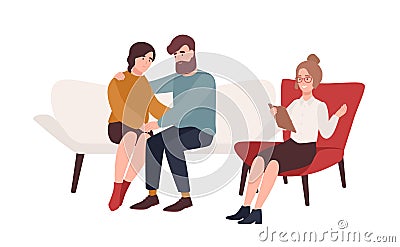 Happy married couple on couch and female psychologist or psychotherapist sitting in front of them. Resolved family Vector Illustration