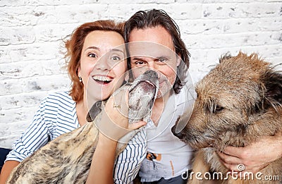 A happy married couple with their dogs, a seed portrait, love, c Stock Photo