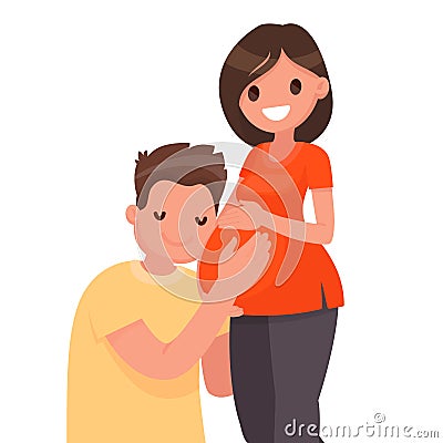 Happy married couple waiting for a child. A man embraces the belly of a pregnant woman. Husband and wife. Pregnancy Cartoon Illustration