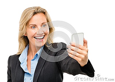Happy mature business woman video messaging mobile phone isolate Stock Photo