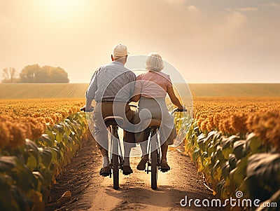 Happy mature couple cycling pass in corn field Stock Photo