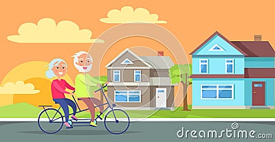 Happy Mature Couple Riding Together on Bike Vector Illustration