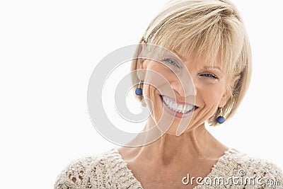 Happy Mature Woman Over White Background Stock Photo