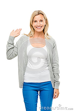 Happy mature woman waving isolated on white background Stock Photo