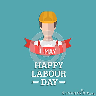 Happy may day lettering vector background. Labour Day logo with worker man. International Workers day illustration. Vector Illustration