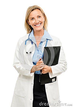 Happy medical doctor woman isolated on white background Stock Photo