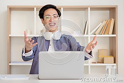 Happy meeting friend videochat excited asian guy Stock Photo