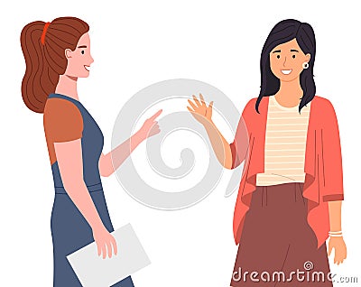 Happy meeting of two friends, women are glad to see each other, emotional meeting of colleagues Vector Illustration