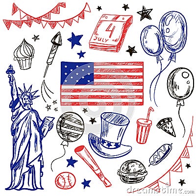 Happy Memorial Day American themed doodle set. Vector Illustration