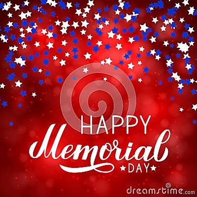 Happy Memorial Day calligraphy lettering with stars confetti on bright red background. Vector illustration. Easy to edit template Vector Illustration