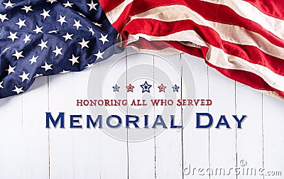 Happy memorial day concept made from american flag with text over white wooden background Stock Photo