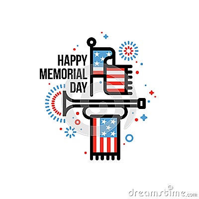 Happy Memorial Day greeting card with American flag and bugle Vector Illustration