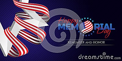 Happy Memorial Day greeting card with national flag colors ribbon and white star on dark background. Remember and honor. Vector Illustration