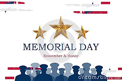 Happy Memorial Day. Greeting card with USA flag and silhouette soldiers on background. National American holiday event. Flat Cartoon Illustration