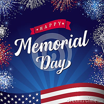Happy Memorial Day 2021 lettering and fireworks Vector Illustration
