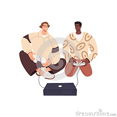 Happy men friends playing video game, sitting on floor with consoles. Guys players holding joysticks in hands during Vector Illustration