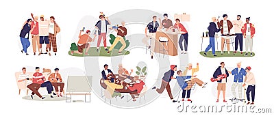 Happy men friends relaxing together at leisure time. Male friendship concept. Scenes with guys and buddies meeting Vector Illustration