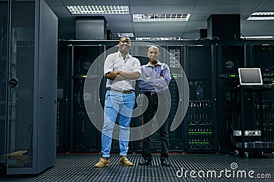 Happy, men or portrait of engineers in server room for online cyber security glitch or hardware. IT support team, black Stock Photo