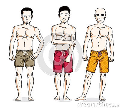 Happy men posing with athletic body, wearing beach shorts. Vector diverse people illustrations set. Vector Illustration