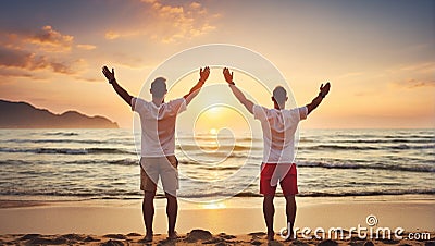 Happy male travelers raising arms up enjoying sunrise on the beach Stock Photo