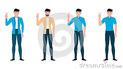 Happy men shows gesture of victory by hand and other hand on waist. flat hand gesture vector Vector Illustration