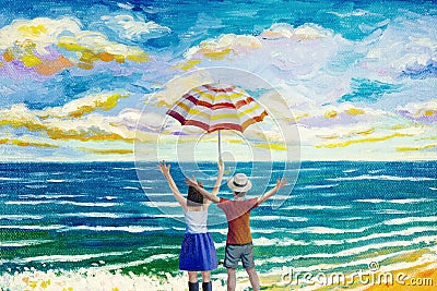 Happy men and women on the beach. Colorful oil color paintings Cartoon Illustration