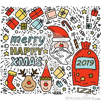 Doodle drawing Santa Claus christmas Gifts Rudolph deer Elf Stock Photo