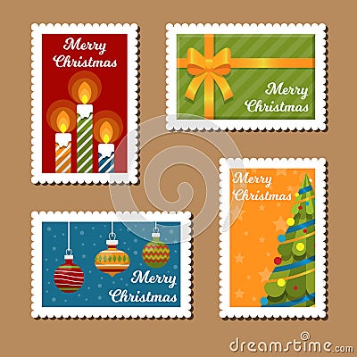 Happy merry Christmas Stamps Collection Vector Illustration