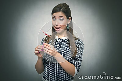 Happy merry unconcern woman. Carefree bahavior. Dreaming girl. Stock Photo