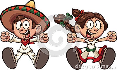 Happy Mexican boy and girl with typical clothes Vector Illustration