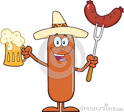 Happy Mexican Sausage Cartoon Character Holding A Beer And Weenie On A Fork Vector Illustration