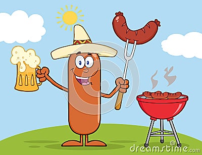 Happy Mexican Sausage Character Holding A Beer And Weenie Next To BBQ Vector Illustration