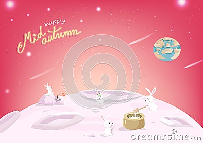 Happy Mid Autumn, cute rabbit cartoon on moon in the space, fantasy pink pastel, invitation poster, greeting card background Vector Illustration